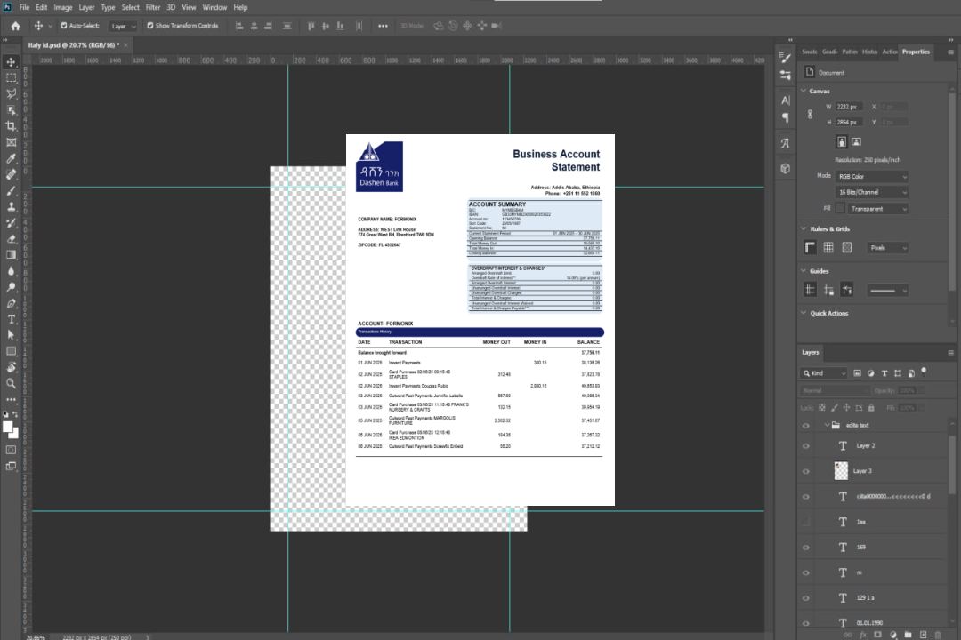 Relevé d'entreprise de la banque Dashen Format Word et PDF template Relevé d'entreprise de la banque Dashen Format Word et PDF template